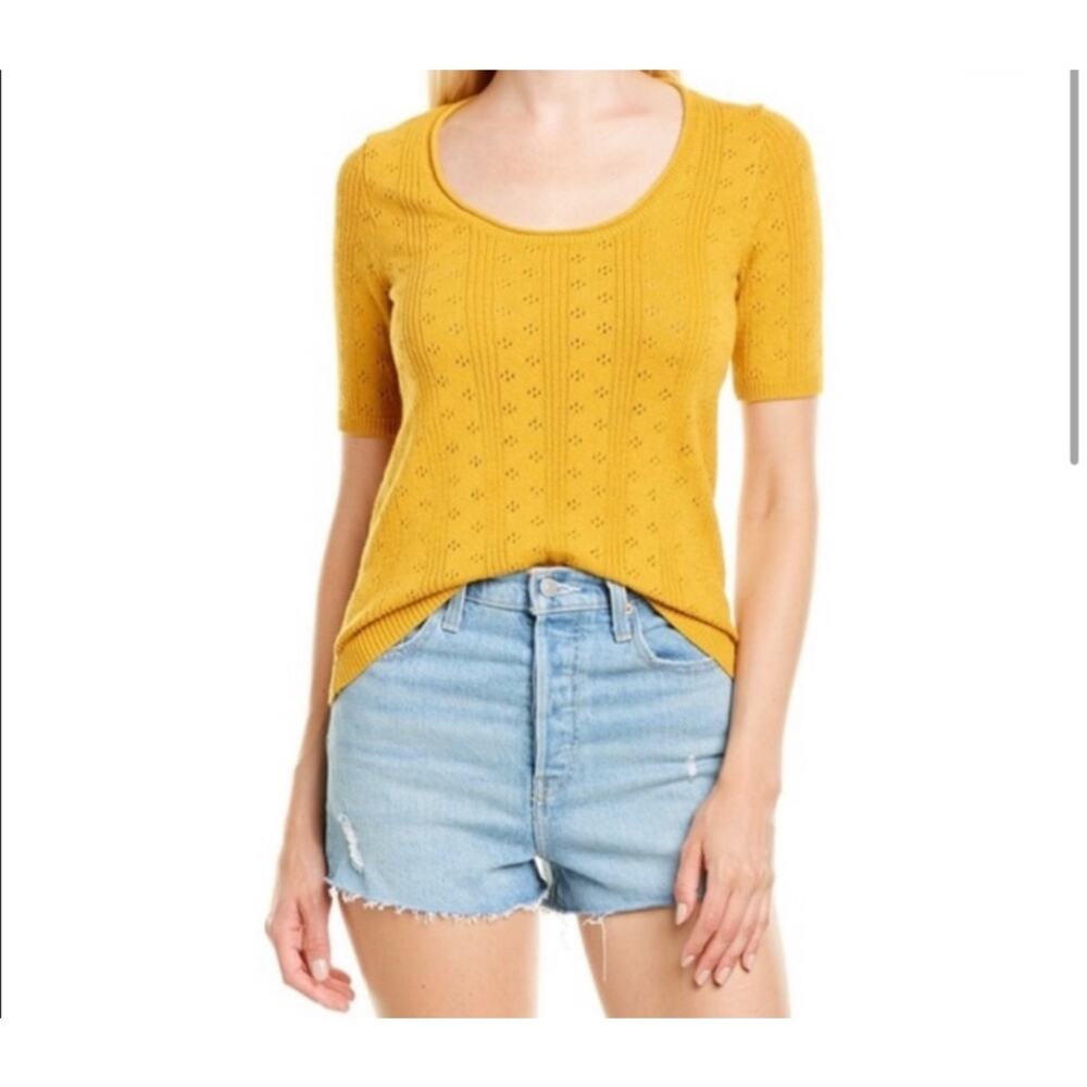 Madewell Top Womens XL Mustard Knit Pointelle Wilford Sweater Tee Scoop NecK
